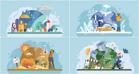 Extreme weather conditions. Natural disasters cartoon vector set. Catastrophe, cataclysm. Downpour with tsunami and flood, icing and ice age, low temperature, heat, drought, strong wind with tornado