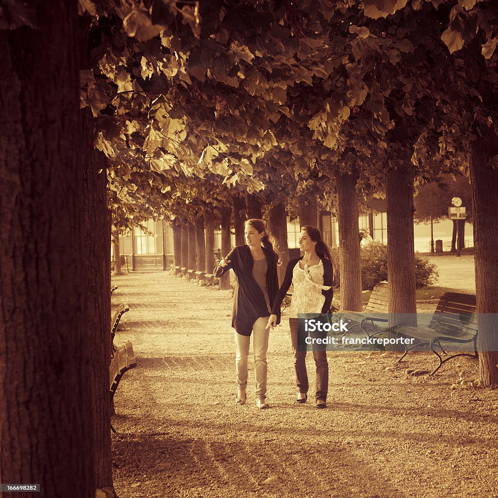 Amigos mulher Casal a pé no Parque no outono - Royalty-free Abraçar Foto de stock