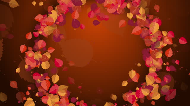 Autumn round frame. Wreath made of yellow and red fallen tree leaves. Dark background. Copy space. Looped motion graphics.