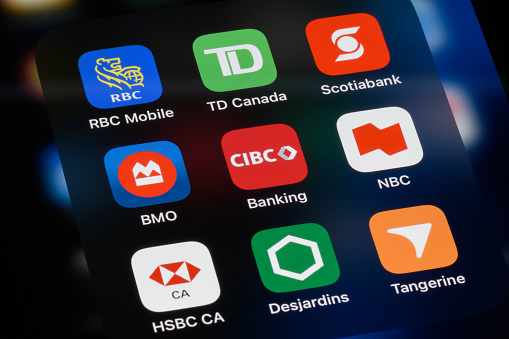 Toronto, Canada - September 6, 2023:  Popular mobile banking apps in Canada, including the \