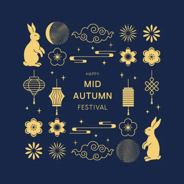 Vector illustration of Happy Mid Autumn Festival. Banner, card design with traditional chinese patterns, rabbits, flowers, lanterns, clouds. Vector template for invitation, social media post, poster, mobile apps, web ads.