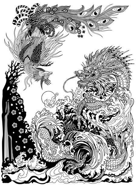 smok i chiński feniks bawią się perłą. czarno-biała ilustracja - ying yang pearls stock illustrations