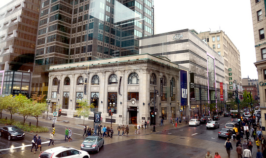 Toronto, Canada - April 5, 2021:  A wide angle view of Bay Street in Toronto's financial district, with the head offices of Canada's largest banks.