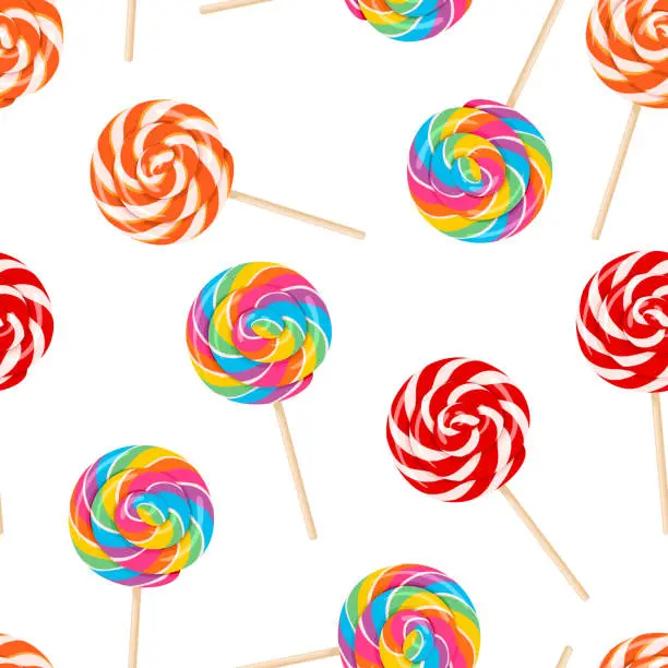 Vector illustration of Colorful lollipop seamless pattern. Vector cartoon flat illustration of swirl round candy. Sweet food background.