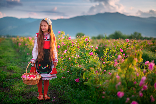 Cute Female Child In Pink Dress Watering Flowers With Hose In Backyard