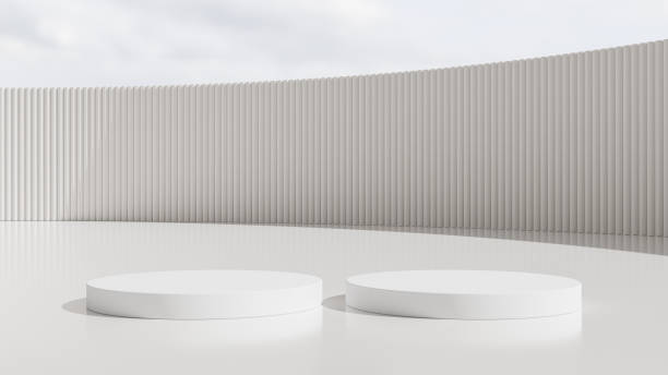 istock Minimal podium product backdrop with white wall background and blue sky 1667049182