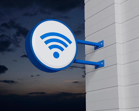 Wi-fi flat icon on hanging blue rounded signboard over sunset sky, Technology internet communication concept, 3D rendering