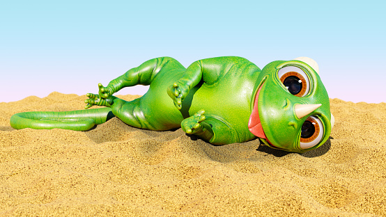 Funny lizard is lying on a sandy beach. Cute gecko or dragon on a tropical beach. Fictional character 3D render