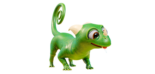 Funny character lizard or dinosaur. Cute gecko or dragon with big eyes and protruding tongue. Fictional character, 3D Render.