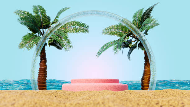 istock Summer background with a platform for product presentation. Podium on a sandy beach with palm trees and an arch on the background of the ocean. 3D Render 1667069320