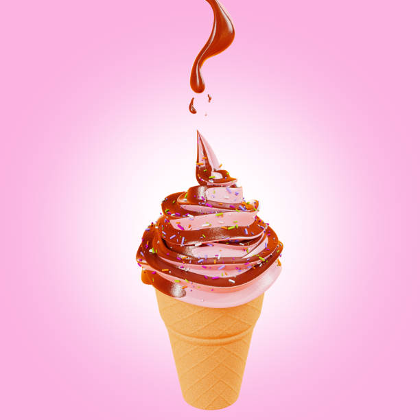 Ice cream in a waffle cone. Strawberry ice cream poured with chocolate syrup. 3D rendering
