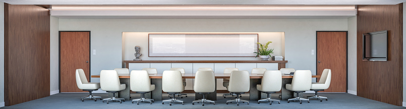 Front view of a copy space on a modern dark meeting table in a modern luxury meeting room. 3d render, 3d illustration