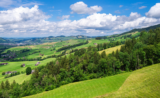 Wide angle capture of Austrian landscape. Wonderful green meadow, deep blue sky and soft clouds.