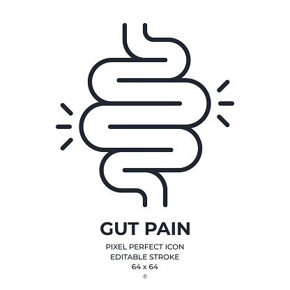 Gut pain, colitis, constipation editable stroke outline icon isolated on white background flat vector illustration. Pixel perfect. 64 x 64.