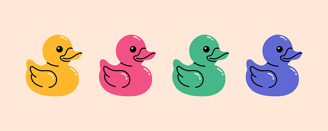 Rubber duck toys set in different colours. Flat cartoon style vector illustration.