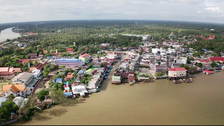 Aerial view of Floating Markets Amphawa. It located in Samut Songkhram Province, Thailand.