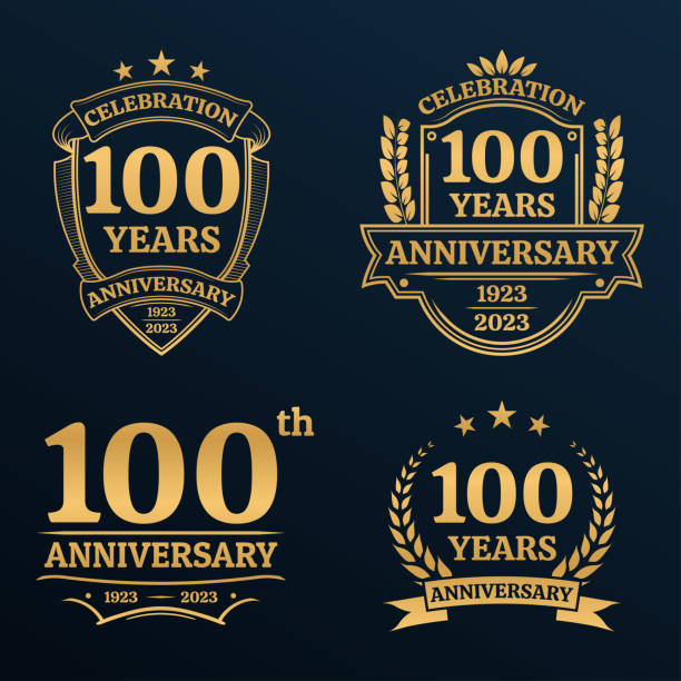 istock 100 years anniversary icon or logo set. Vintage birthday banner design. 100th anniversary jubilee celebration golden badge or label collection. Vector illustration. 1667144845