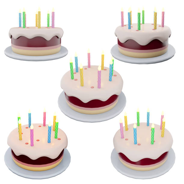 istock 3d rendering Birthday cake with colorful candles icon set. 3d render Three-layer cake with chocolate, strawberries and vanilla different positions icon set 1667145395