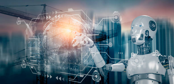 istock 3D rendering robot touching on world and AI network interface icons and construction cranes background. 1667150722