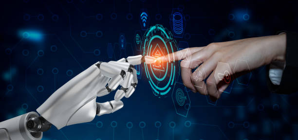 istock Human hand and 3D rendering robot touching on world and AI network interface icons. 1667150745