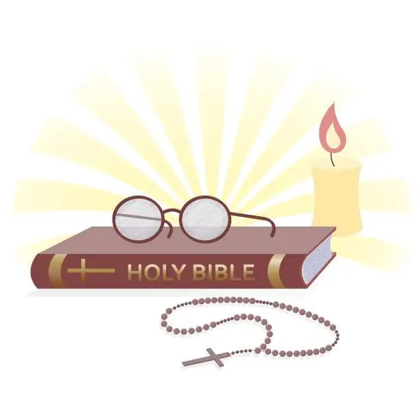 Vector illustration of Postcard, logo for the Christian community. Bible, rosary, candle, glasses. Full color flat style. Vector illustration.