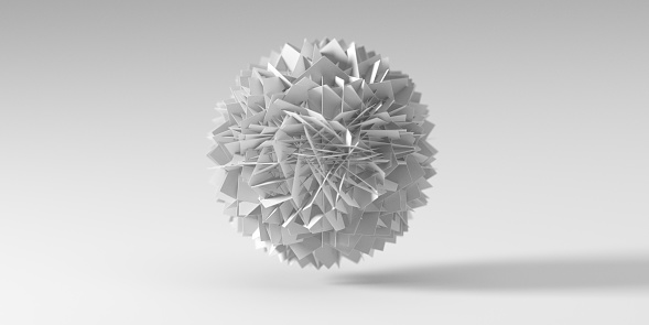 Abstract 3D background. Fractured 3D sphere render against light grey background with shallow depth of field and copy space