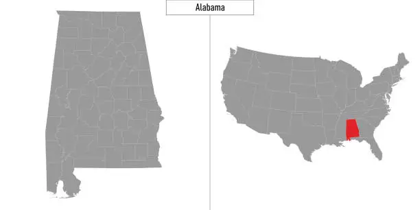 Vector illustration of map of Alabama state of United States and location on USA map