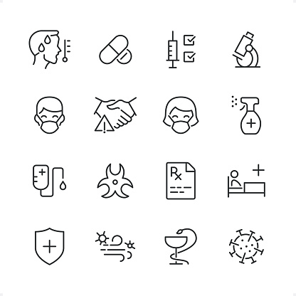 Viral Infection icons set #94 

Specification: 16 icons, 64×64 pх, editable stroke weight! Current stroke 2 pt. 

Features: pixel perfect, unicolor, editable stroke weight, thin line. 

First row of  icons contains:
Temperature (Fever), Pills, Vaccination, Microscope;

Second row contains: 
Man in Face Mask, Avoiding Handshakes, Woman in face mask, Desinfectant Spray ;

Third row contains: 
Dropper, Biohazard Symbol, Rx, Hospital Bed; 

Fourth row contains: 
Medical Insurance, Spreading Virus, Pharmacy, Virus.

Complete Cubico collection — https://www.istockphoto.com/uk/collaboration/boards/_R8CZuIXmUiUCIbekezhFA