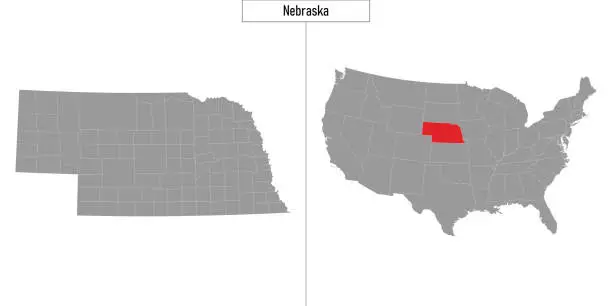 Vector illustration of map of Nebraska state of United States and location on USA map