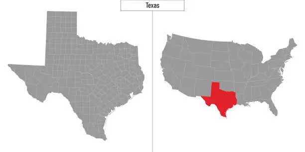 Vector illustration of map of Texas state of United States and location on USA map