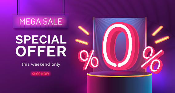 Mega sale special offer, Neon 0 off sale banner. Sign board promotion. Vector