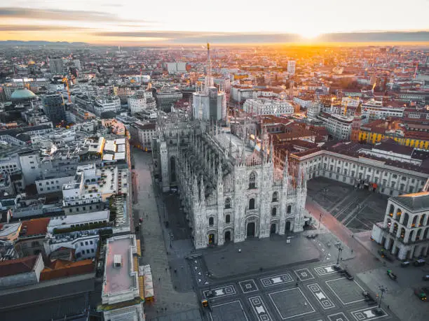 Milan Duomo Cathedral view from drone at sunrise