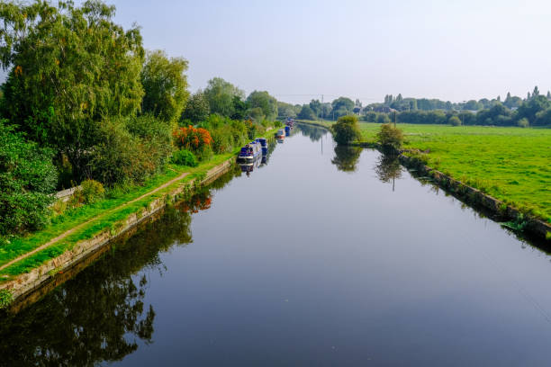 Narrowboat moored on the bank of the Calder and Hebble Nagivation canal in Wakefield, West Yorkshire