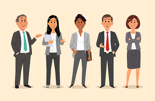 A diverse group of business people standing together, looking at the camera. Vector flat illustration.