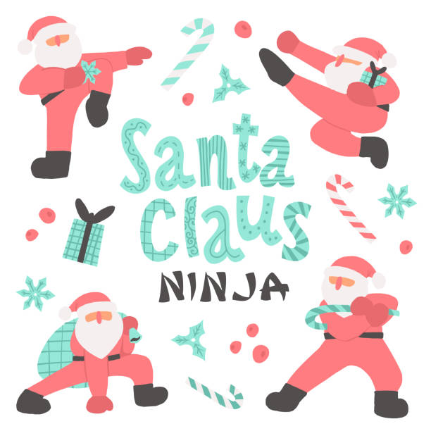 07.09.2023_2 Christmas vector set of Santa Clauses in ninja poses, candy canes and gift boxes ninja stars drawing stock illustrations