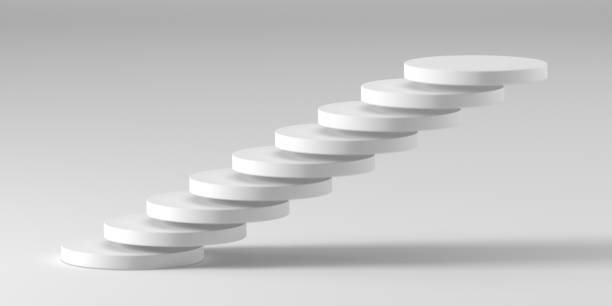 Abstract 3D background. Steps render against light grey background with shallow depth of field and copy space