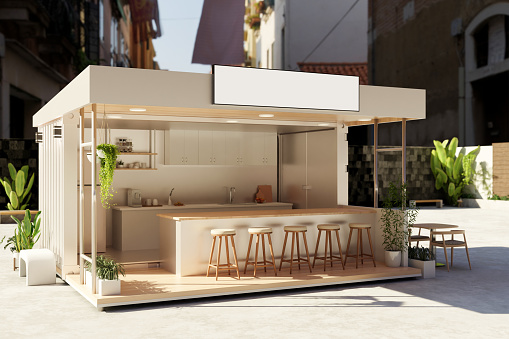 Exterior design of a minimal white street cafe facade on a sidewalk in the city with an empty signage mockup, a bar and stools, and kitchen appliances. 3d render, 3d illustration