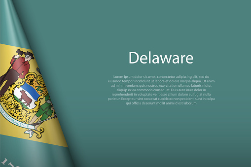 3d flag Delaware, state of United States, isolated on background with copyspace
