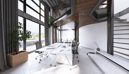 3D illustration of office space. Fashionable interior in light colors.