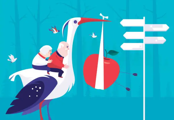 Vector illustration of senior couple riding stork which holding apple and finding direction