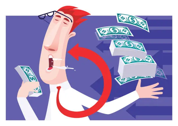 Vector illustration of businessman holding stack of banknotes and being attacking by arrow symbol