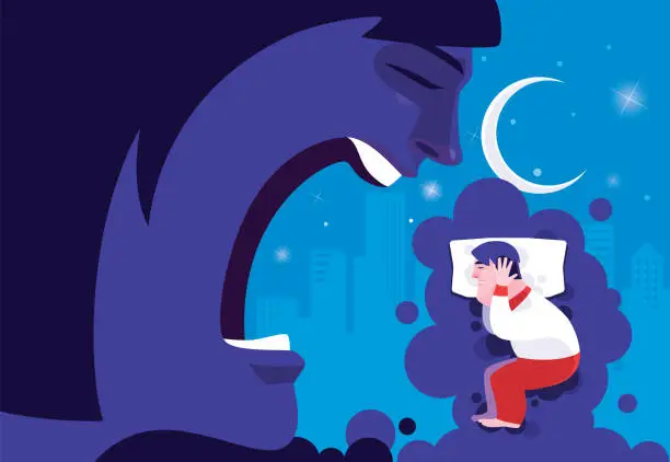 Vector illustration of man having nightmare that angry woman blaming him