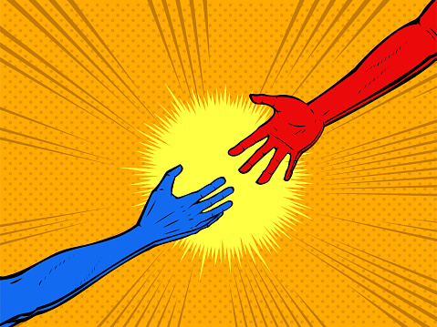 A retro pop art style vector illustration depicting one hand in blue color reaches out for help and the other in red comes to help.