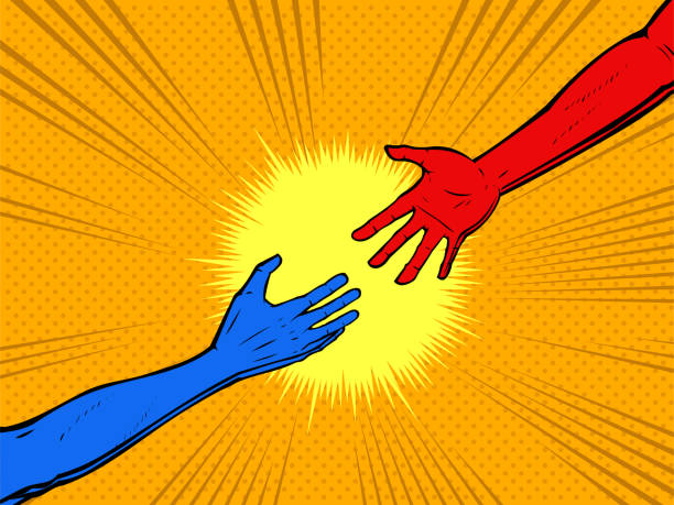 Vector Retro Pop Art Red and Blue Colors Helping Hand Stock Illustration A retro pop art style vector illustration depicting one hand in blue color reaches out for help and the other in red comes to help. human arm stock illustrations