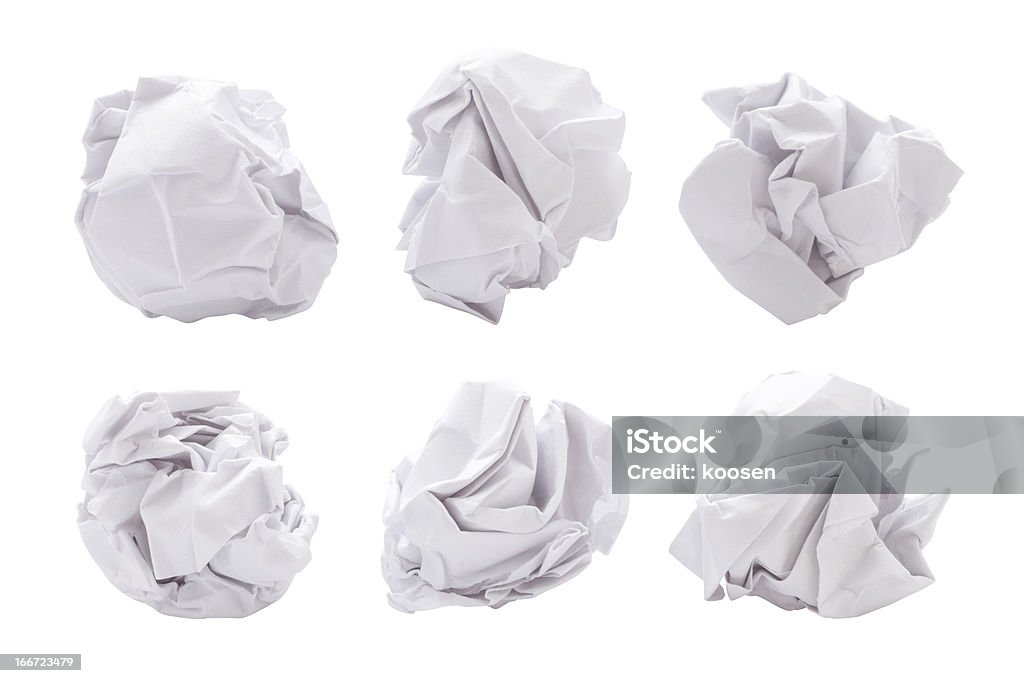 Six paper balls on a white background Six different shapes of paper ball isolated on white background Crumpled Paper Stock Photo