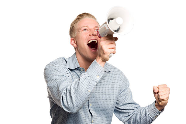 istock Overjoyed business person shouting with megaphone. 166723502