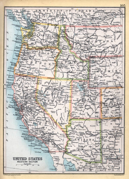 ilustrações de stock, clip art, desenhos animados e ícones de old antique map of western united states of america, usa, arizona, california, nevada, oregon, idaho, wyoming, montana, washington state, 1890s, 19th century - montana map usa old