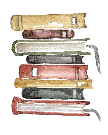 Education concept. A tower of old library books in autumn tones of red, yellow and green with ribbon bookmarks. hand drawn watercolor illustration on white background for your design