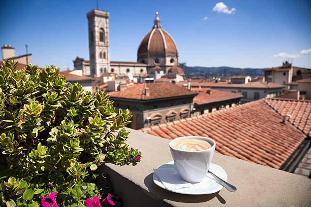 Italian coffee:  Florence Cathedral A rooftop coffee bar with a view of Duomo Santa Maria Del Fiore, Florence, Italy florence italy stock pictures, royalty-free photos & images