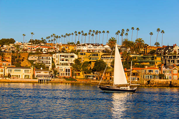 Sailing in Newport Beach, California (P) Sailboat with Newport Beach houses in the background, California newport beach california stock pictures, royalty-free photos & images